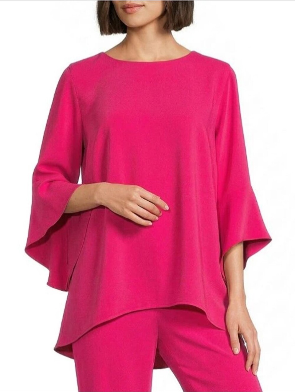 Caroline Rose Julia Matte Crepe Crew Neck 3/4 Ruffled Sleeve, Hot Pink, Medium